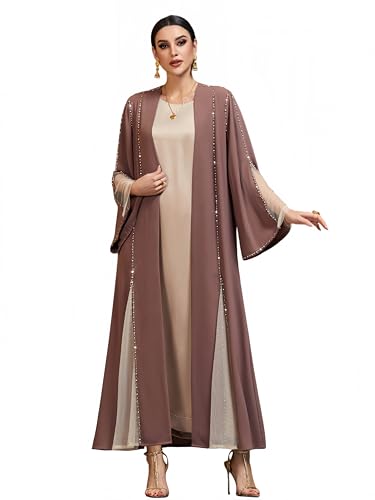 Ami.Todfo Handmade Beaded Open Front Robe Coat, Elegant Long Sleeve Outerwear Women's Modest Cover-Up, Mauve (M)