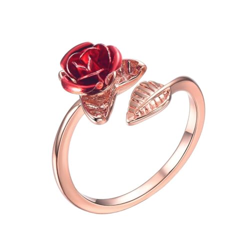 U7 Rose Flower Ring, Stackable Band Ring for Women Girls, Platinum Silver/Gold/Rose Gold Red Signet Rings Adjustable Fit Size 5 to 10