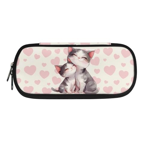 Image of Cat Pencil Case for School Students Pink Heart Pen Box with Slots and Compartment Girls Lightweight Pencil Cases for Office Zippered Pen Holder Bags