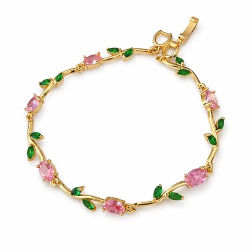 Image of H&K Jewels Tulip Bracelet with Pink Oval Crystals and Green Leaf Accents, Elegant Women's Jewellery|Anti-Tarnish|Vine Korean Design|Gift for GF and Wife