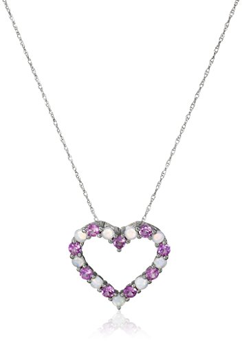 Amazon Collection 10k White Gold Created Pink Sapphire and Opal Heart Pendant Necklace, 18"