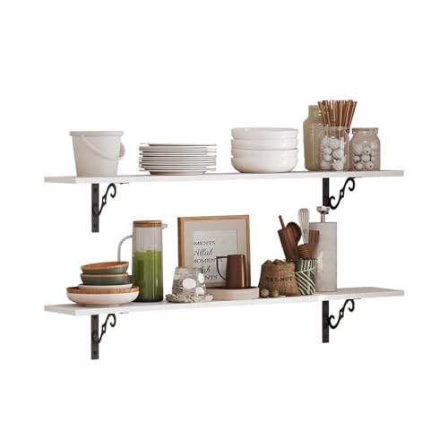 DINZI LVJ Long Wall Shelves, 23.6 Inch Large Floating Shelves Set of 2, Wide Display Shelf Wall Mounted with Brackets, Easy Hanging for Living Room, Toilet, Office, Bedroom, White