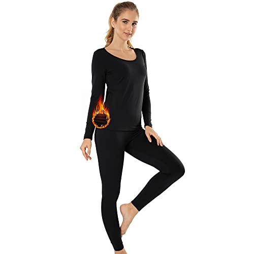 MANCYFIT Thermal Underwear for Women Long Johns Set Fleece Lined Ultra Soft Scoop Neck Black Large