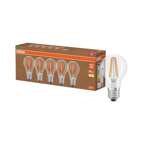 Osram Hocheffiziente LED Lampen mit Energieeffizienz Klasse A, Vorteilspack mit 5 Leuchtmittel, ersetzt herkömmliche 60W Glühbirnen, warmweiß(2700K), E27, Filament Glas