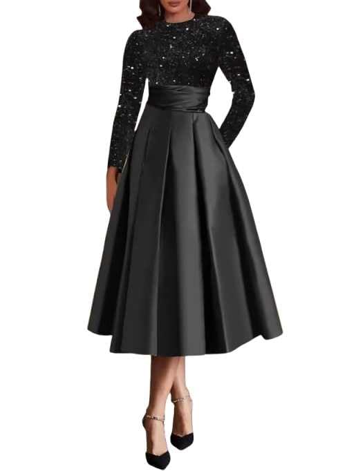 Sparkly Sequin Wedding Gown Long Sleeve Tea Length A Line Formal Dress Mother of The Bride Dresses for Women