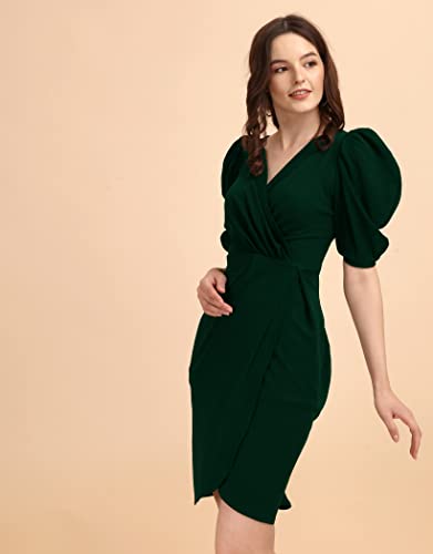 Image of Sheetal Associates Women's Puff Sleeve V-Neck Bodycon Casual Mini Dress