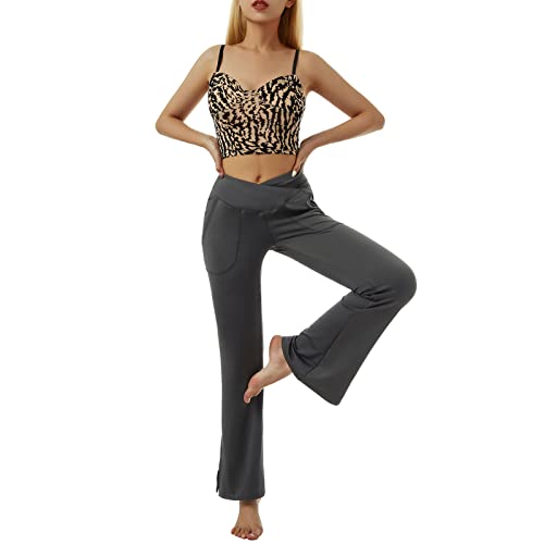 Burkashear Pantalones de yoga Flare para mujer, pantalones de yoga abiertos, de cintura alta, pantalones de jazz, de secado rápido, con bolsillos, modal, corte ajustado, gris oscuro, M Cover