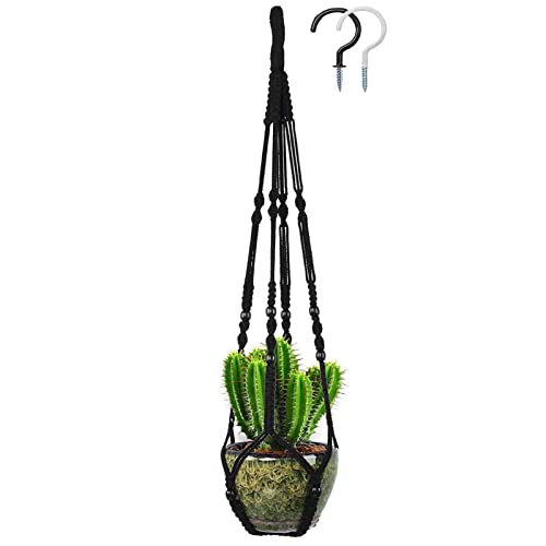 Macrame Plant Holder Indoor Outdoor Hanging Planter Hanger 35'' Ceiling Plant Hanger Boho Handmade Hanging Plant Cotton Rope with 2 Pcs Hooks for Home Balcony Decor, Fits Max 12'' Flower Pot Black