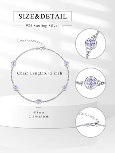 Image of Dorunmo Heart Birthstone Bracelets 925 Sterling Silver Round Birthstone Anklet for Women Birthday Jewelry Gifts for Girlfriend Wife Mother Her