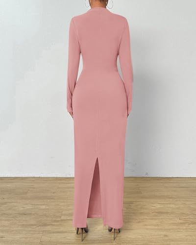 Image of BTFBM Women Bodycon Maxi Dress Long Sleeve Back Slit Ruched Elegant Party Cocktail Formal Fall Wedding Guest Dresses