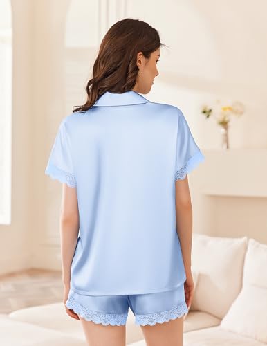 Image of Ekouaer Womens Lace Satin Pajama Set Button Down Pj Shorts Set Bridesmaids Getting Ready Outfits Casual Sleepwear XS-XXL