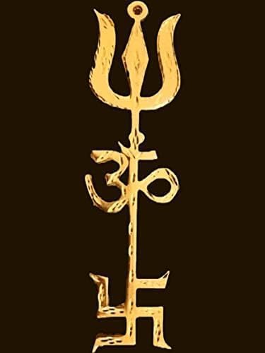 BLESS KRAFT Metal Om [ Trishul ] Swastik Wall Hanging Vastu Trishakti Yantra with Home Office Main Door Entrance Protection from Negative Vibe, Decor Astrology Positivity (6 Inches, Gold)