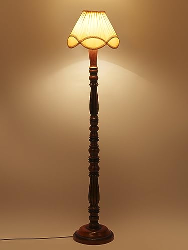 Image of Vintage Off-White Cotton Floor Lamp - 54 inch Height, Wooden Base - Classic Standing Lamp for Living Room, Home & Office Home Lighting Decor