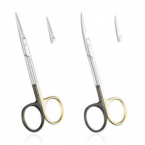BOUJEE TRENDS Set of Iris Micro Dissecting Scissors Black/Gold Rings 4.5" STR/CVD Serrated Super-Cut Fine Points for Skin Tag Medical Surgical Suture Dental Professional & Training (Set of STR/CVD)