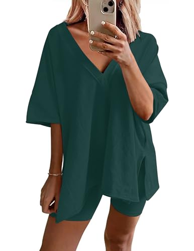 Image of Ekouaer Womens Pajamas 2 Piece Lounge Sets Oversized V Neck T-Shirts Tops Biker Shorts Set Workout Reversible Tracksuit S-XXL