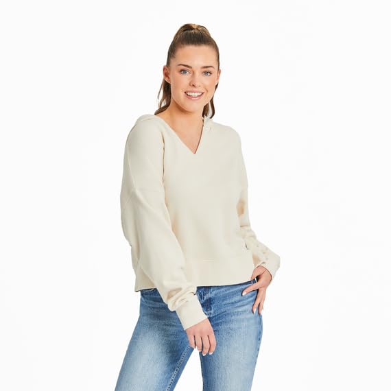 Chandail à capuche en tissu éponge uni blanc mastic coupe carrée moderne femme