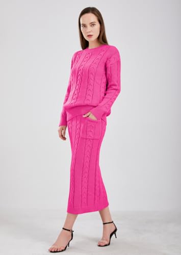 Image of chouyatou Women Winter Casual Chunky Cable Knit Long Pencil Skirt 2 Piece Outfit Oversized Pullover Sweater Sets