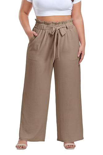 Image of OLRIK Women's Plus Size Pants Adjustable High Waisted Wide Leg Palazzo Pants Casual Trousers with Pockets Spring Clothes