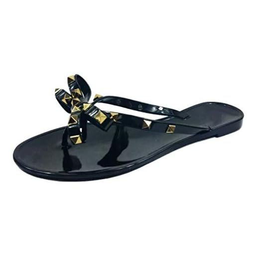 TruFox Womens Studded Jelly Flip Flops Sandals with Bow, Black, 7
