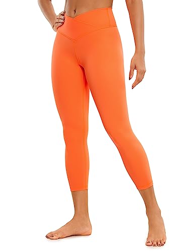CRZ YOGA Womens Butterluxe Crossover Workout Capri Leggings 23 Inches - High Waist V Cross Crop Gym Yoga Pants Neon Orange Large