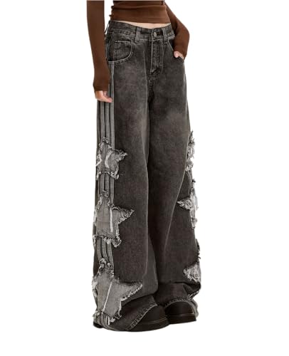 Baggy Jeans for Woman Girls Star Patchwork High Waist Cute Jean Streetwear Loose Pants Grunge Emo Clothing2