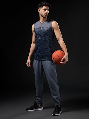 Image of TECHNOSPORT Men Polyester Slim Fit Crew Neck Printed Sleeveless Vest with Anti-Microbial, Odour Free for Gym, Workout and Sports