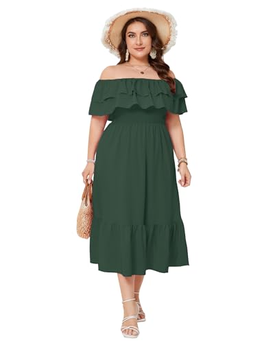 Image of KOJOOIN Women Plus Size Off Shoulder Maxi Dress Ruffle Flowy Casual Summer Boho Long Dresses