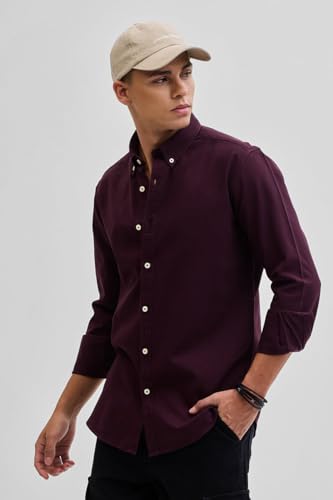 Image of SNITCH Men Casual Shirt College Wear | Slim Fit Full Sleeve Button-Down Collar Plain Style | Breathable Cotton Twill Fabric & Smooth Texture for Everyday Use