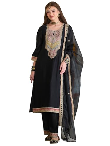 Image of INDO ERA Women's Silk Blend Ethnic Motifs Embroidered A-Line Kurta & Pant with Dupatta Set (IEOUT12371)