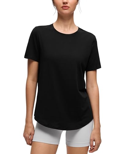 CRZ YOGA Women's Pima Cotton Short Sleeve Workout Shirts Casual Yoga T-Shirt Soft Athletic Top Black Small