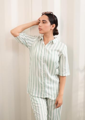 Image of Women's Cotton Loungewear, Nightwear Green and White Stripes Half Sleeves Shirt with Pyjama ; DR.BD-PS-MGSPS