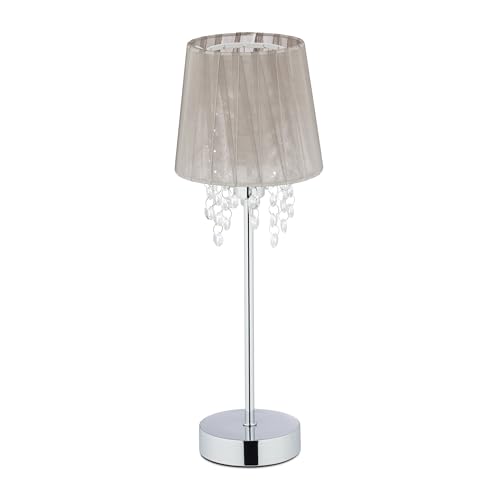 Relaxdays Tischlampe Kristall, Lampenschirm aus Organza, runder Standfu&szlig;, Nachttischlampe, HxD 41 x 14,5 cm, grau/silber