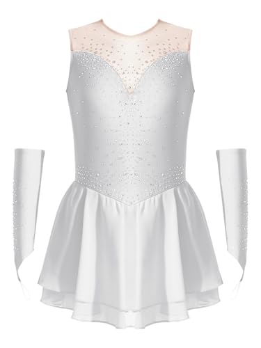 Vxuxlje Damen Ärmellose Tanzkleid Glitzer Eiskunstlauf Kleid Pachwork Kürkleid Rollkunstlauf Tanzanzug Wettbewerb Tanzkostüm Weiß 134-140
