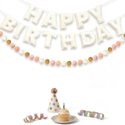 Mindsoft 2 Pcs 9.83ft Pre Strung 3D Happy Birthday Felt Fabric Banner with Ball Garland Reusable Pom Pom Garland for Birthday Party Decorations Sign Photo Prop Boys Girls(Bohemia Color) by Mindsoft - Used condition - US$15.49