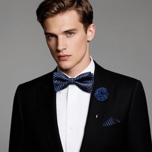 Image of Hi-Tie Bow Ties for Men Pre-Tied Pocket Square with Cufflinks Mens Bowtie Sets for Wedding Formal Party