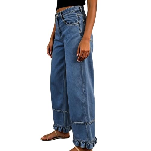 Loinjsnktng Cute Jeans for Women Trendy Ruffle Jeans Baggy Trendy Denim Pants Wide Leg Casual Boyfriend Bottoms with Pockets Dark Blue - image 4