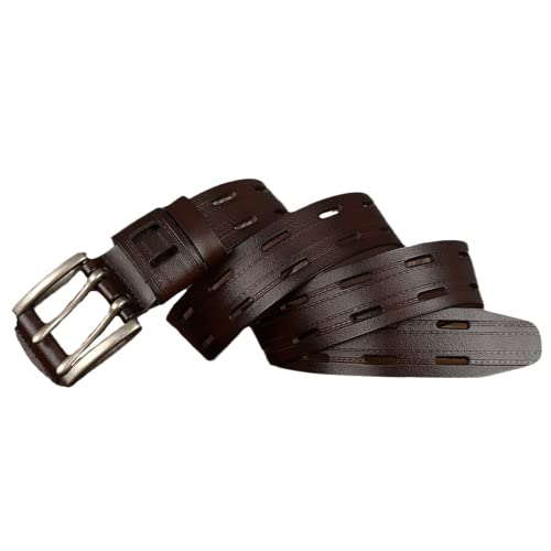 Double Prong Leather Belt Stitched,Two Prong Buckle,Work or Casual Heavy Duty Grommet Holes Belt for Men Women Unisex(120cm/waist:41", Coffee)2