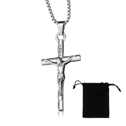 JYNXOR Collar Hombre con Colgante Cruz de Acero Inoxidable - Cruz Cristiana y Católica - Regalo para Bautizo o Comunión - Plata
