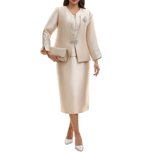 Women's Formal 3 Piece Church Suit Set with Rhinestone Trim Collar Elegant Dress Set for Mother of The Bride Wedding Guest