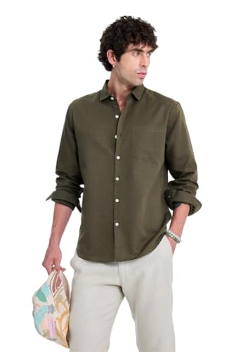 Image of SNITCH Men Casual Shirt | Regular Fit Full Sleeve Spread Collar Solid Pattern | Breathable Cotton Linen Blend & Lightweight Fabric for Summer, Vacation & Smart Casual Wear