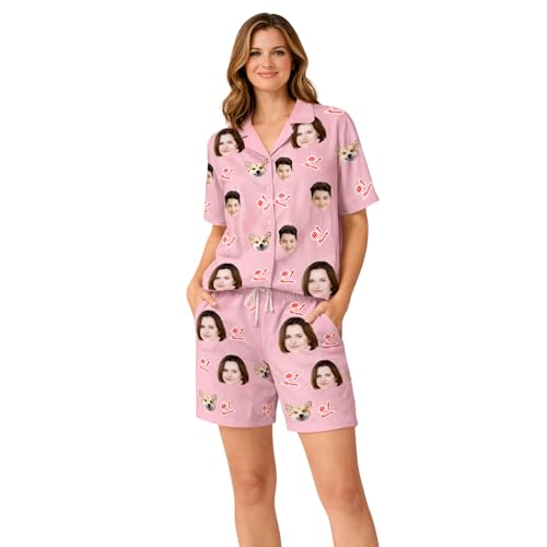 DXDOING Set Pigiama Corto Personalizzato con Foto, Pigiama Donna Estivo Due Pezzi con Bottoni e Pantaloncini, Regalo Divertente per Festa della Mamma e Compleanno