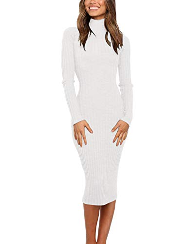 Image of MEROKEETY Women's Ribbed Long Sleeve Sweater Dress High Neck Slim Fit Knitted Midi Dress