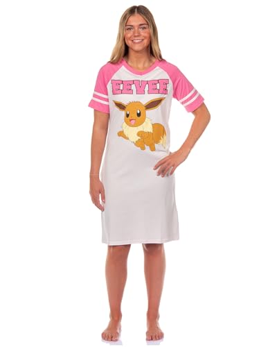 Bioworld Pokemon Pajama Womens Eevee Varsity Raglan Sleep Shirt V-Neck Nightgown (Pink Medium)