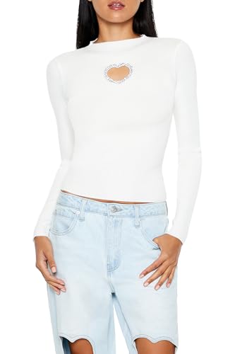 Forever 21 Women's Glitter Heart Cutout Sweater White