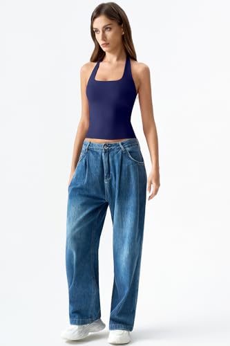Image of QINSEN Womens Halter Top Double Lined Tank Top Sleeveless Open Back Slim fit Going Out Tops