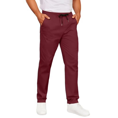 Men's Casual Cotton Pants Elastic Waist Straight Leg Drawstring Trousers Baggy Regular Fit Pant with Pockets