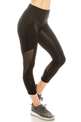 High Waist Black Mesh Panel Leggings Women Workout Yoga Pants Side Pockets Tummy Control Moisture-Wicking Compression Fit