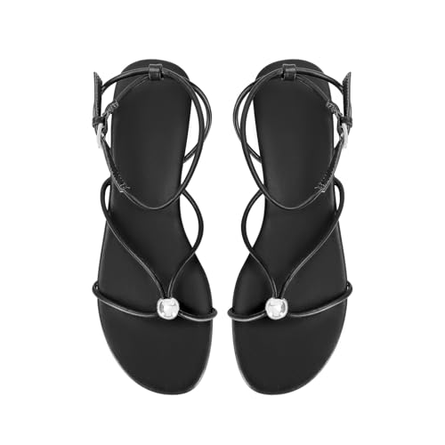 Image of Strappy Flat Sandals for Women Comfortable Open Round Toe Sandals Dressy Beach Thong Flip Flop Slides