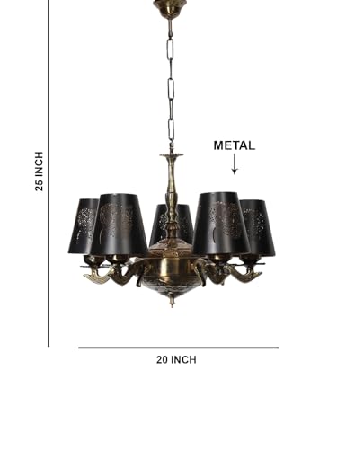 Image of Devansh 05 Lights Metal Leaf Etched Shade with Antique Golden Chandelier -X