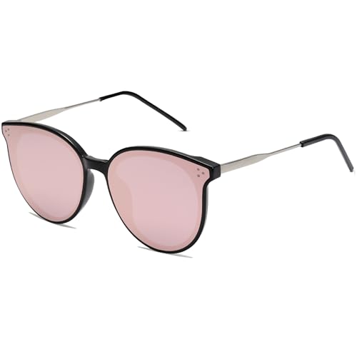 SOJOS Lentes De Sol Para Mujer Hombre Marco Plastico Redondo Retro Con Taches DOLPHIN SJ2068 Con Marco Negro/Lente Espejo Rosado